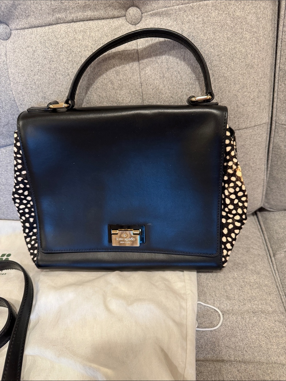 kate spade Black Leather Top-Handle Satchel with Black-and-Cream Spot Sides